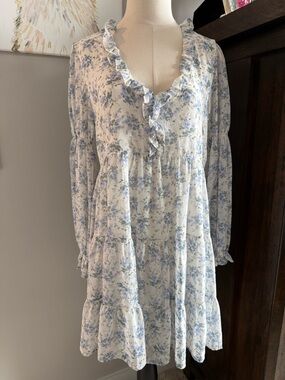 Storia White Dress with Light Blue Floral Print